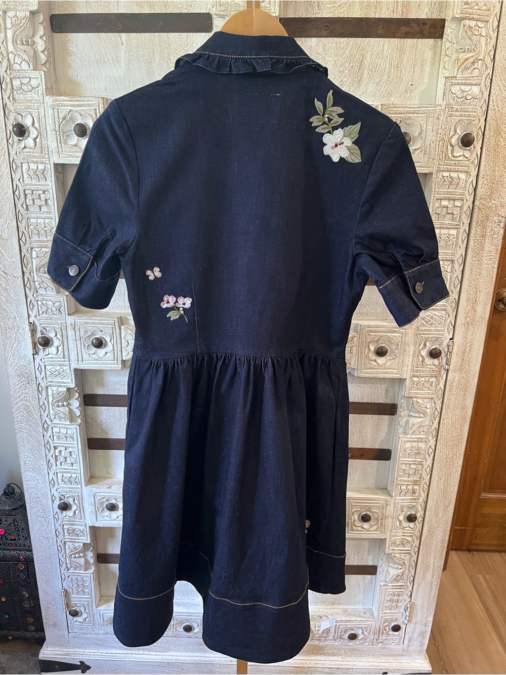 kate spade Navy Ruffle-Trim Denim Dress with Floral Embroidery - Picture 6 of 8